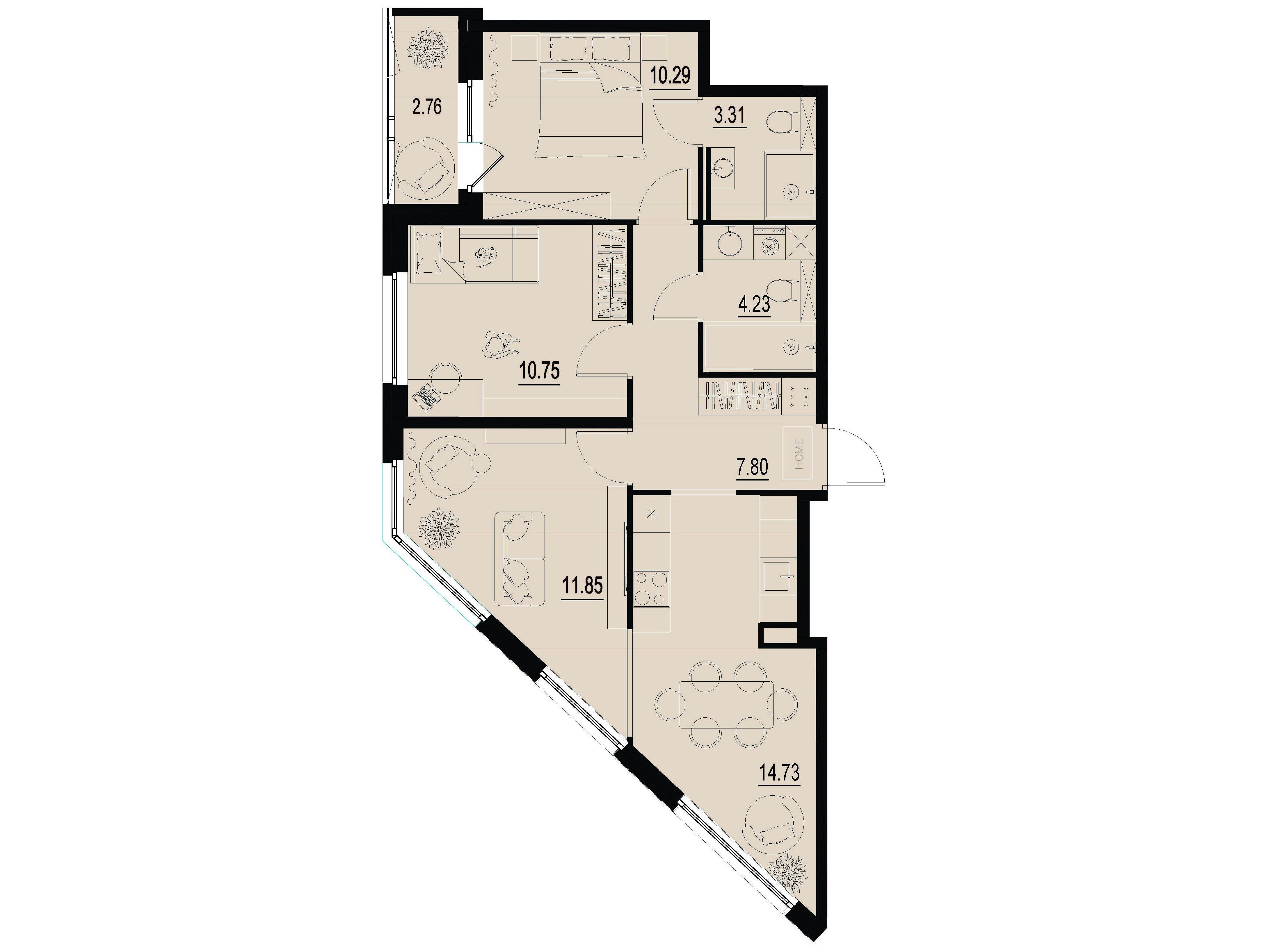 Планировка: 3-комн. квартира 64.34 м² в новостройке Айди Мурино 3