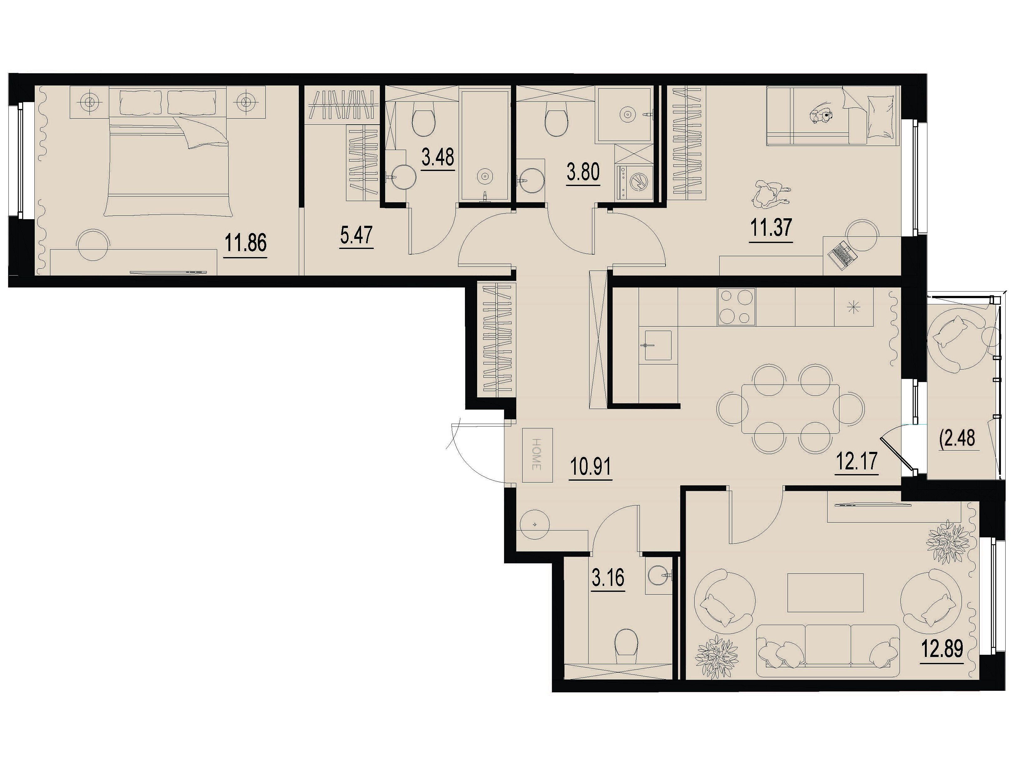 Планировка: 3-комн. квартира 76.35 м² в новостройке Айди Мурино 3