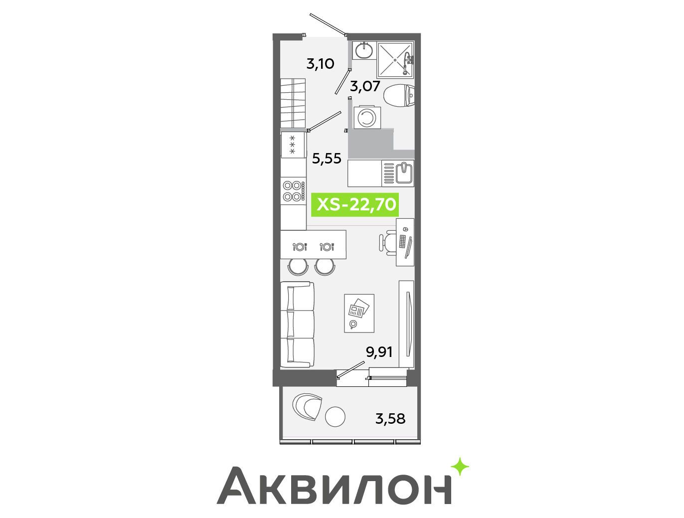 Планировка: Студия 22.70 м² в новостройке ЖК Аквилон Янино