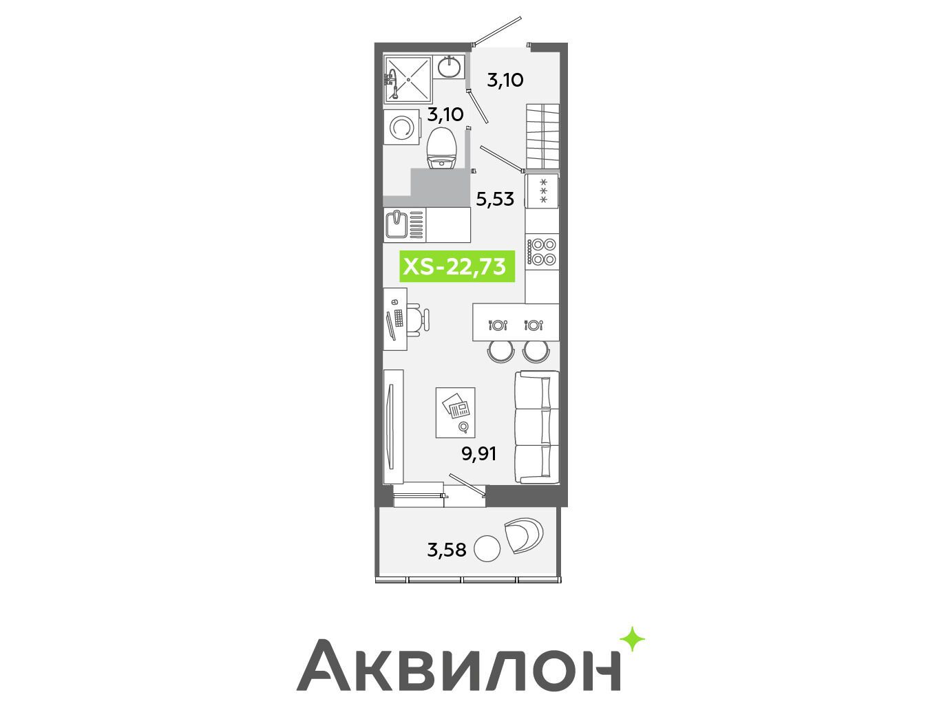 Планировка: Студия 22.73 м² в новостройке Аквилон Янино