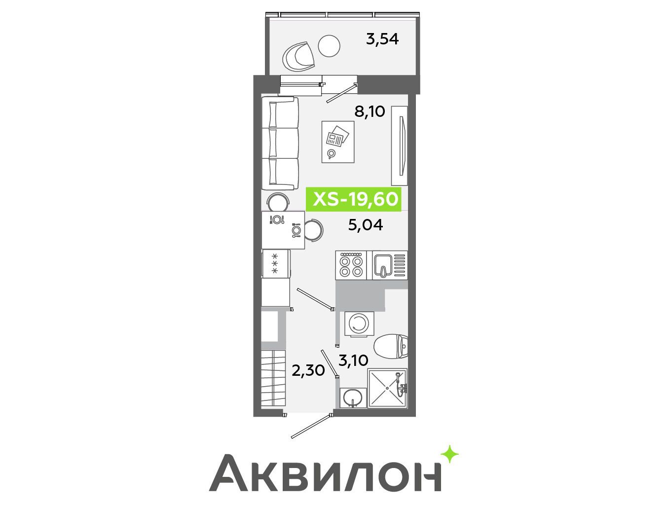Планировка: Студия 19.60 м² в новостройке Аквилон Янино
