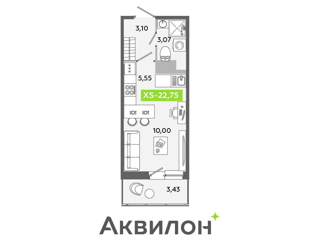 Планировка: Студия 22.75 м² в новостройке Аквилон Янино