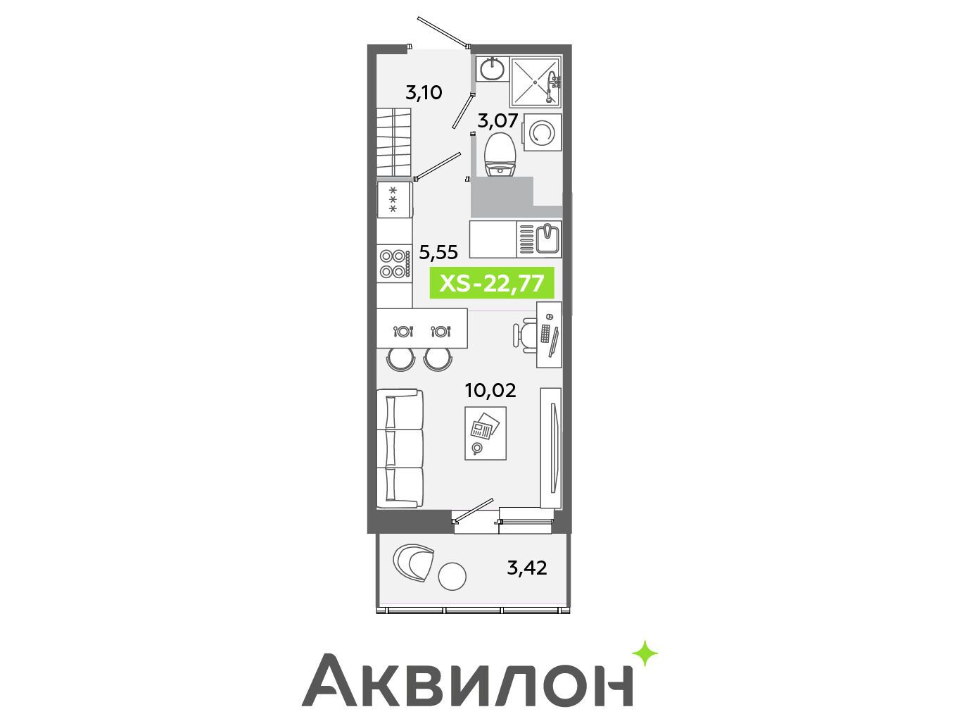 Планировка: Студия 22.77 м² в новостройке Аквилон Янино