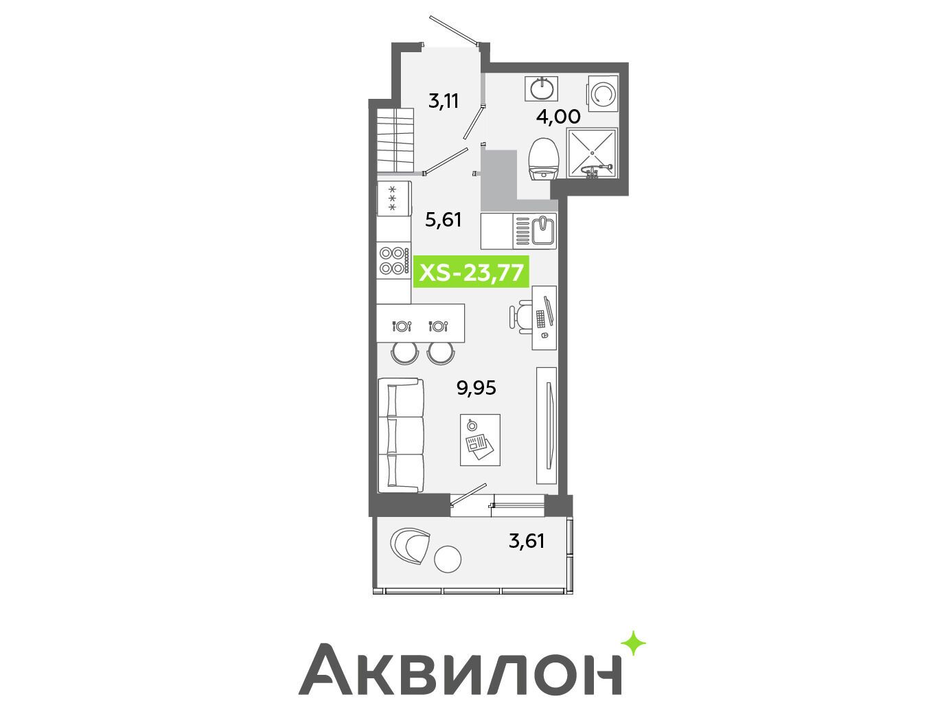 Планировка: Студия 23.77 м² в новостройке Аквилон Янино