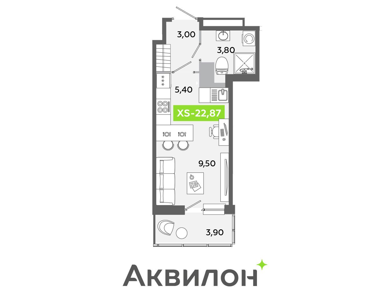 Планировка: Студия 22.87 м² в новостройке Аквилон Янино