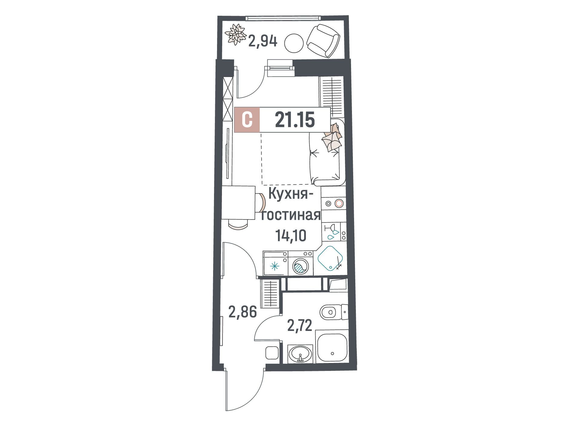 Планировка: Студия 21.15 м² в новостройке Авиатор
