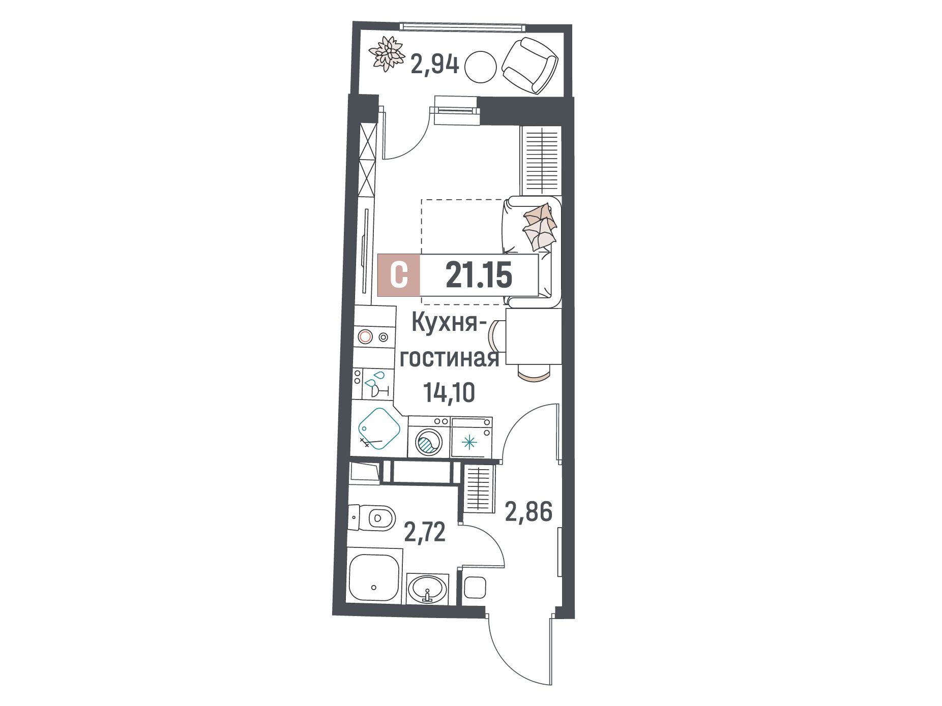 Планировка: Студия 21.15 м² в новостройке Авиатор