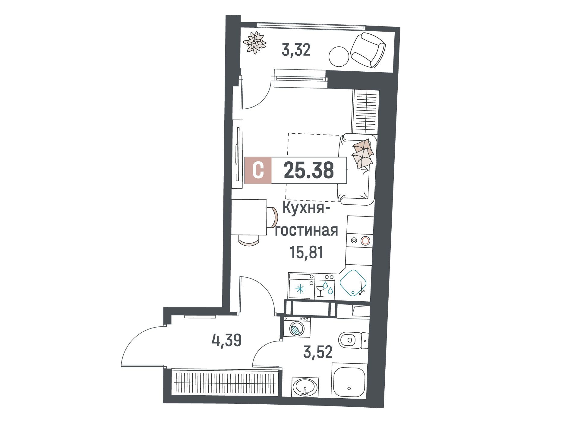Планировка: Студия 25.38 м² в новостройке Авиатор