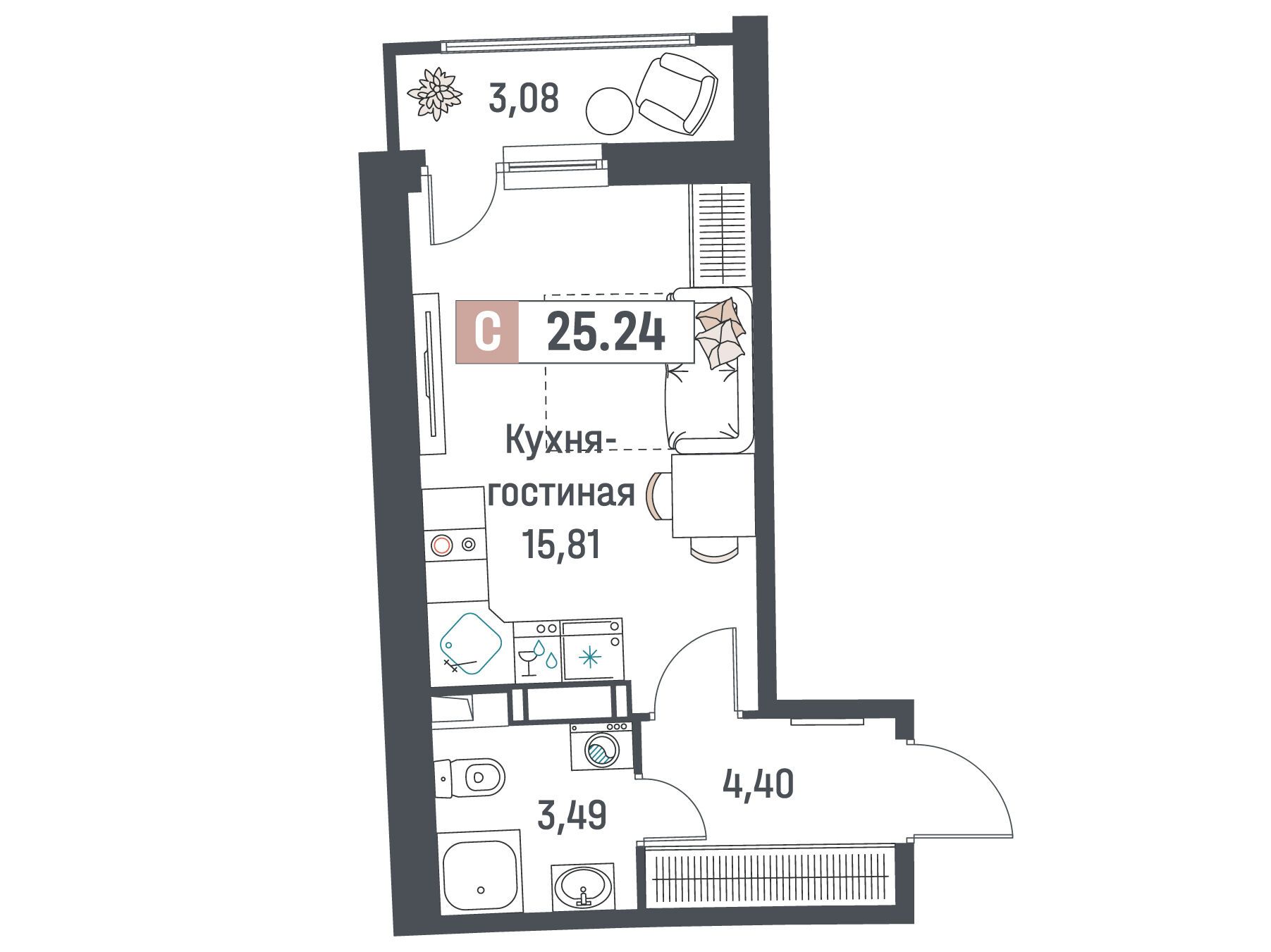 Планировка: Студия 25.24 м² в новостройке Авиатор