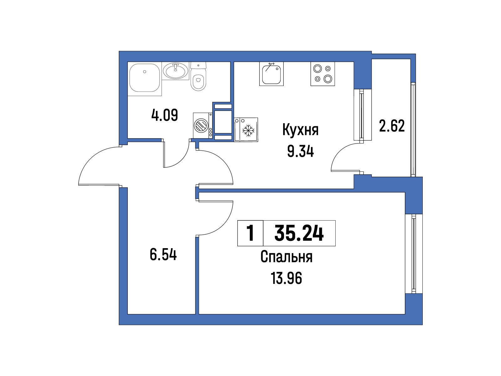 Планировка: 1-комн. квартира 35.24 м² в новостройке ЖК Урбанист