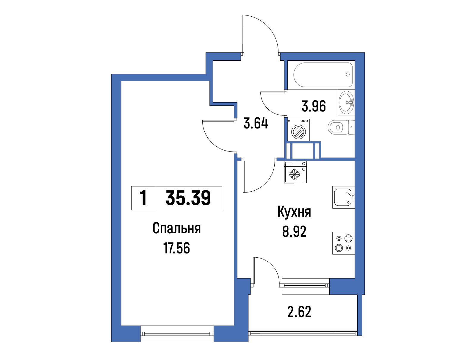 Планировка: 1-комн. квартира 35.39 м² в новостройке ЖК Урбанист