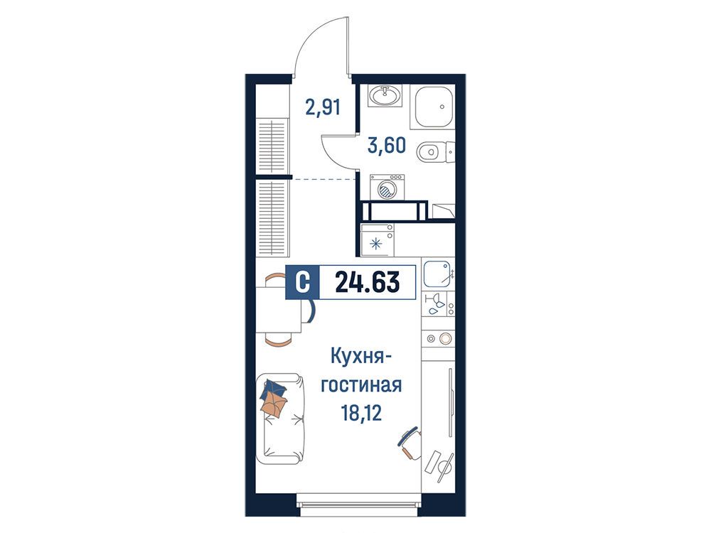 Планировка: Студия 24.63 м² в новостройке Максималист