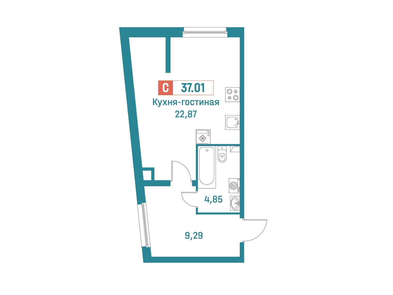 Планировка: Студия 37.01 м² в новостройке Графика