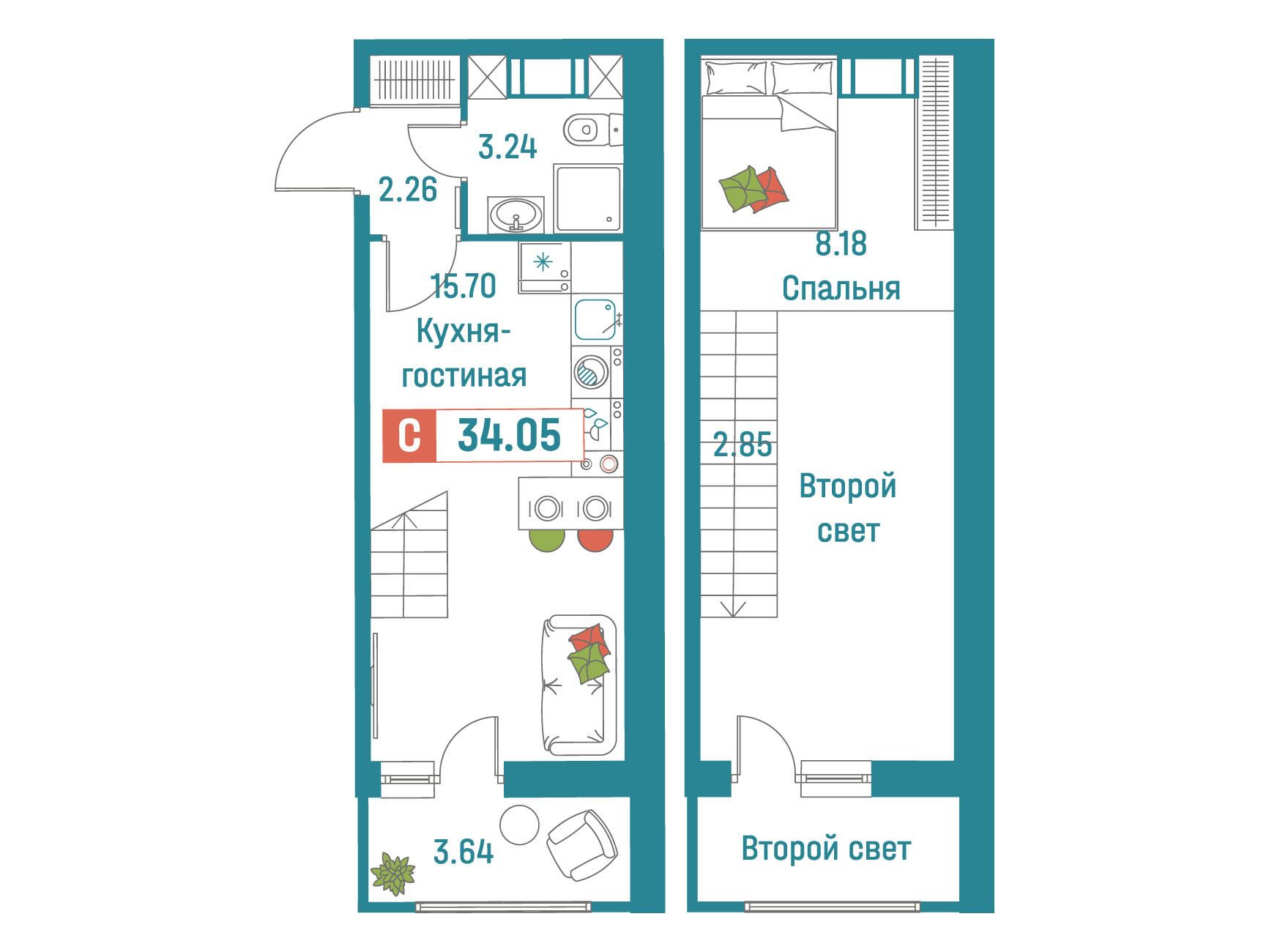Планировка: Студия 34.05 м² в новостройке Графика