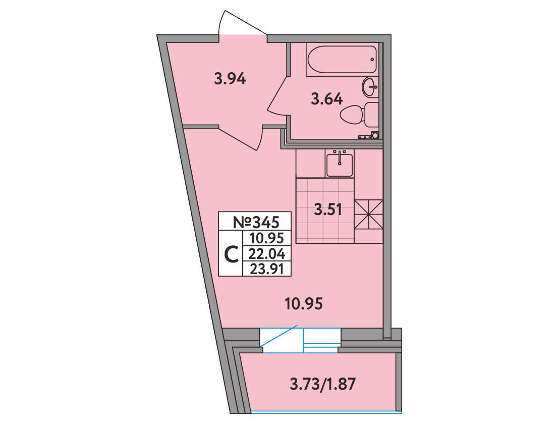 Планировка: Студия 23.50 м² в новостройке Удача