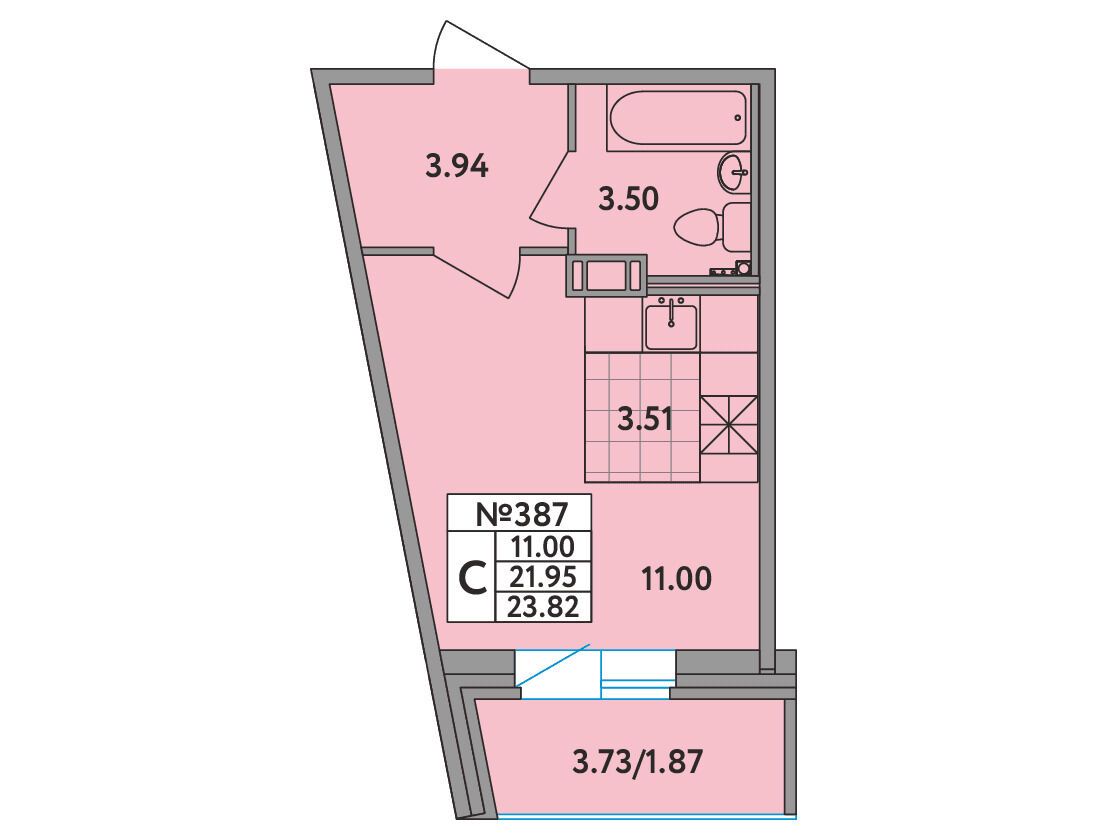 Планировка: Студия 23.60 м² в новостройке ЖК Удача