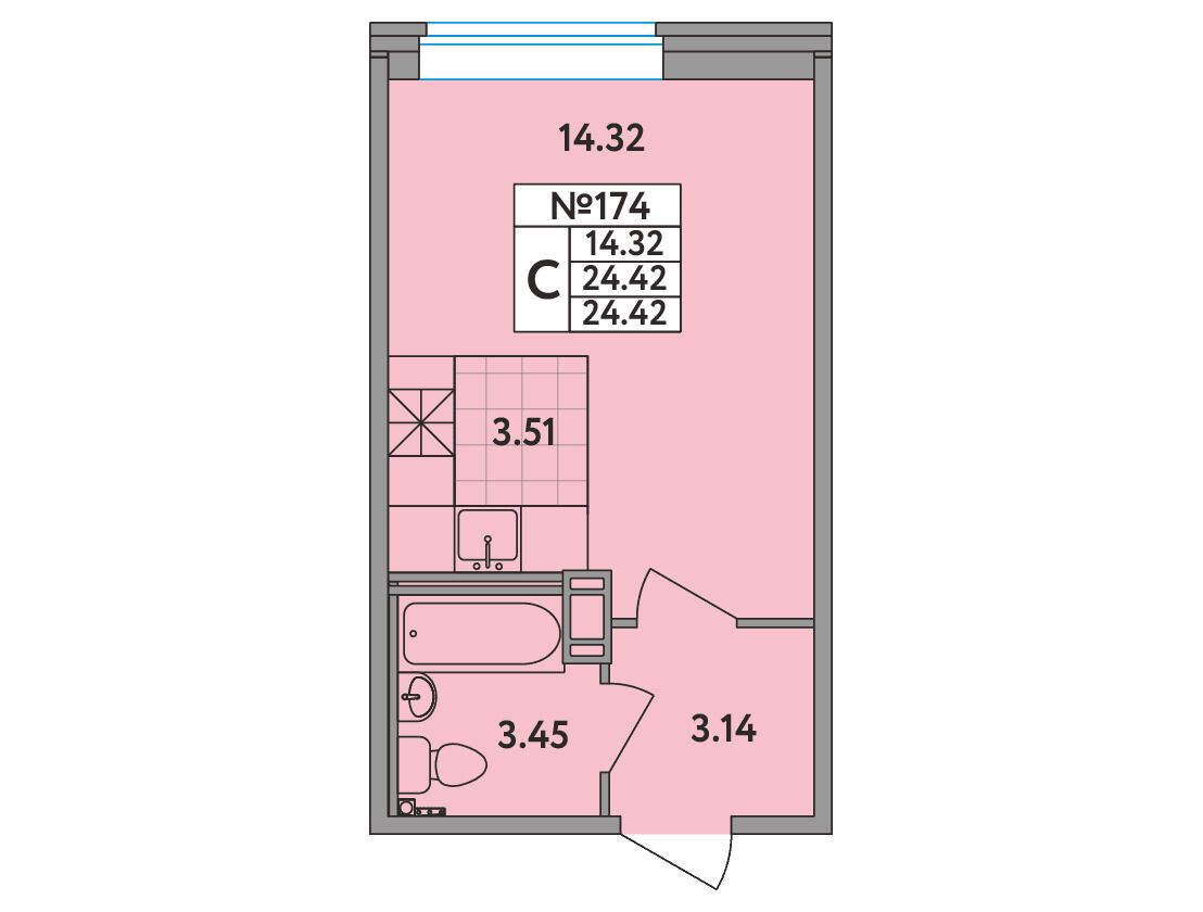 Планировка: Студия 24.20 м² в новостройке Удача