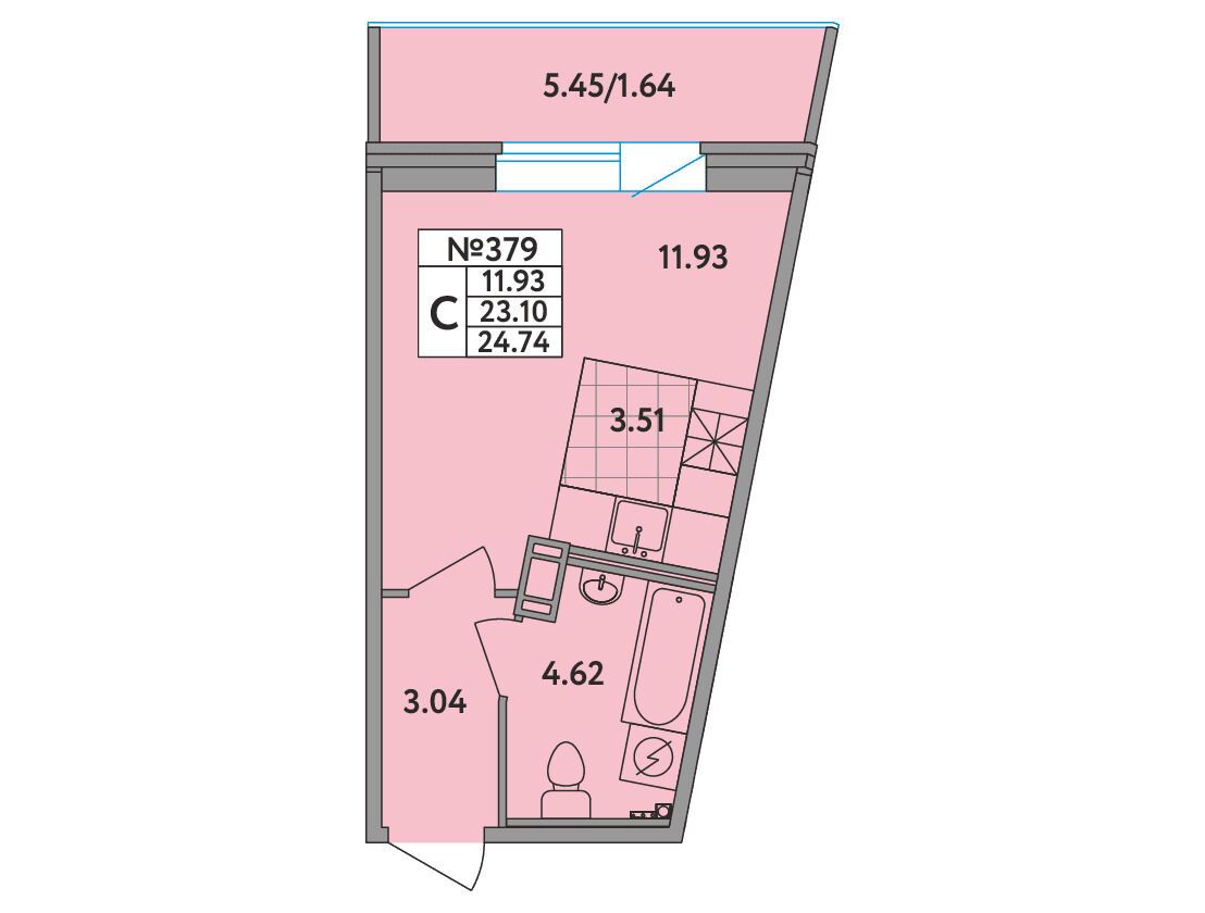Планировка: Студия 24.30 м² в новостройке Удача