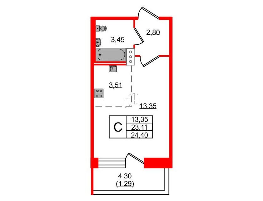 Планировка: Студия 24.40 м² в новостройке Удача