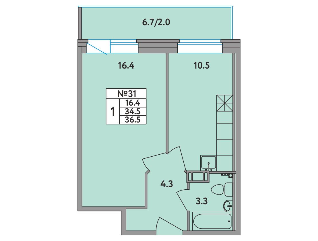 Планировка: 1-комн. квартира 36.50 м² в новостройке ЖК Удача