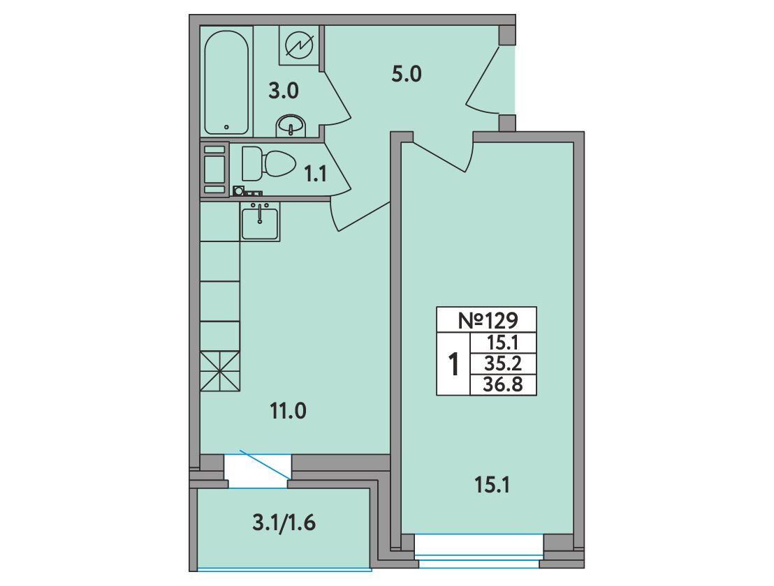Планировка: 1-комн. квартира 36.80 м² в новостройке ЖК Удача