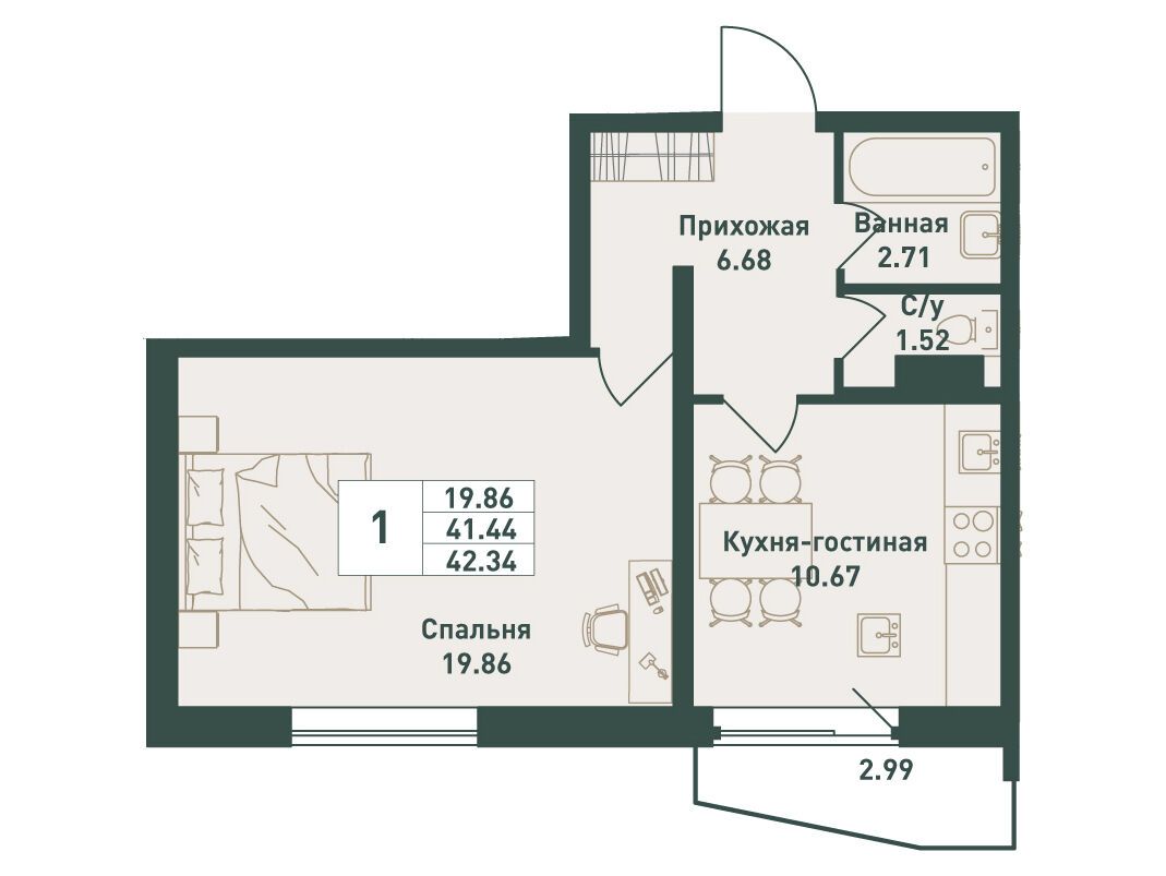 Планировка: 1-комн. квартира 42.34 м² в новостройке Тандем