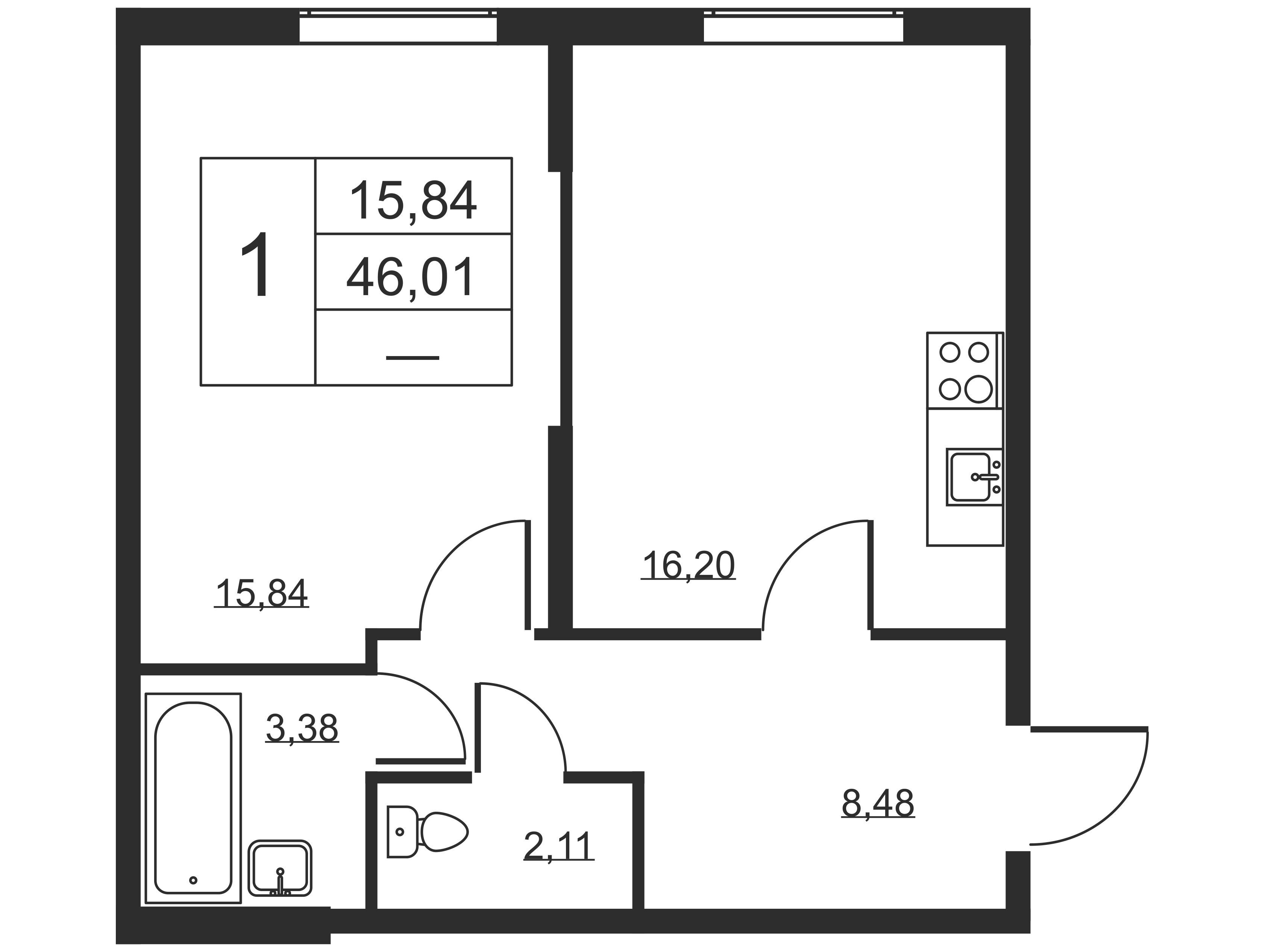 Планировка: 1-комн. квартира 46.01 м² в новостройке ЖК Высота (Бугры)