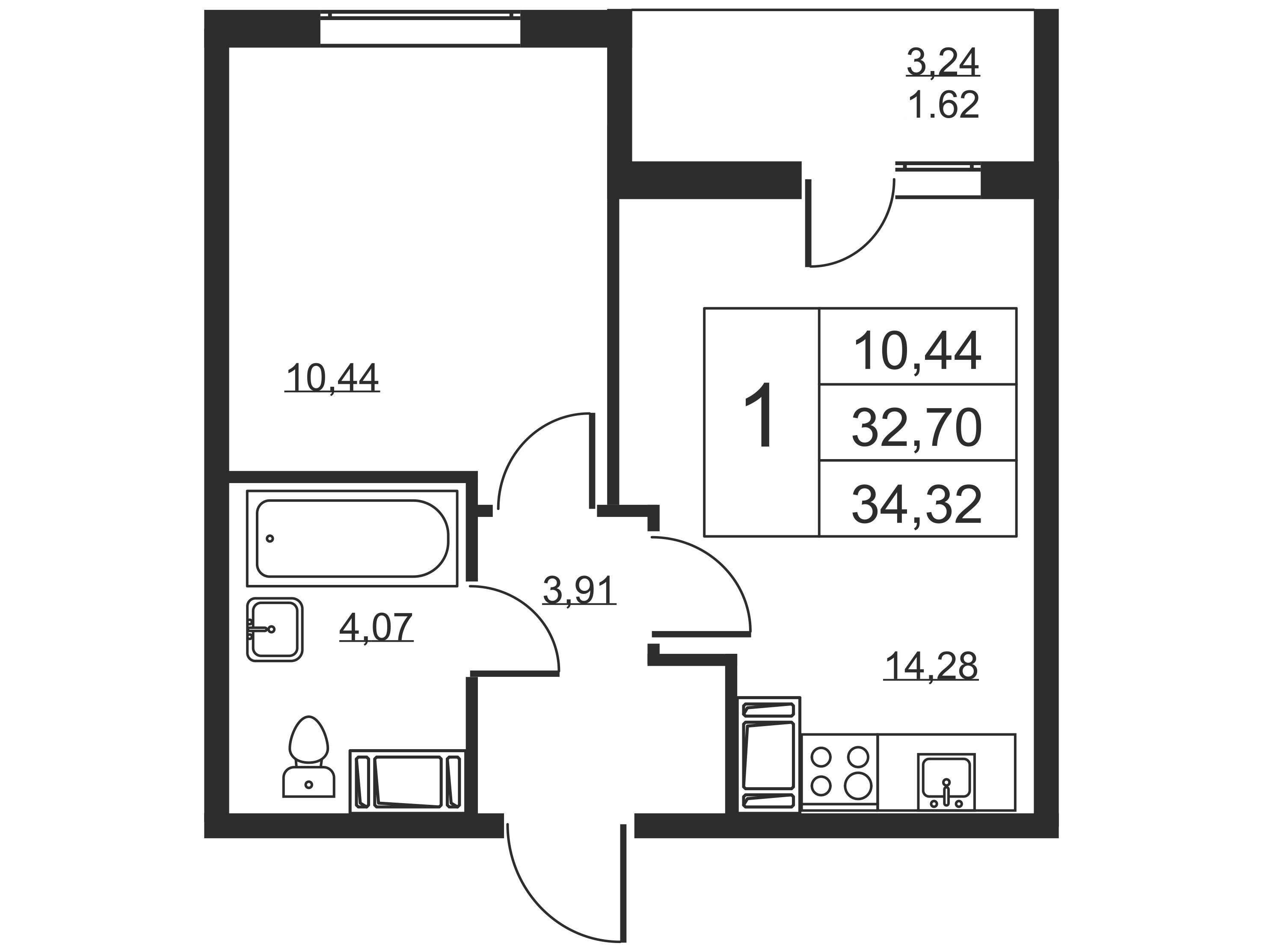 Планировка: 1-комн. квартира 34.32 м² в новостройке Высота