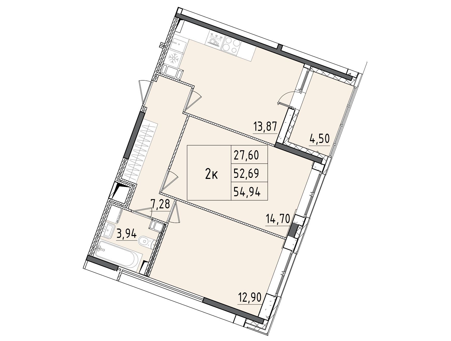 Планировка: 3-комн. квартира 54.94 м² в новостройке Аквилон РекаПарк