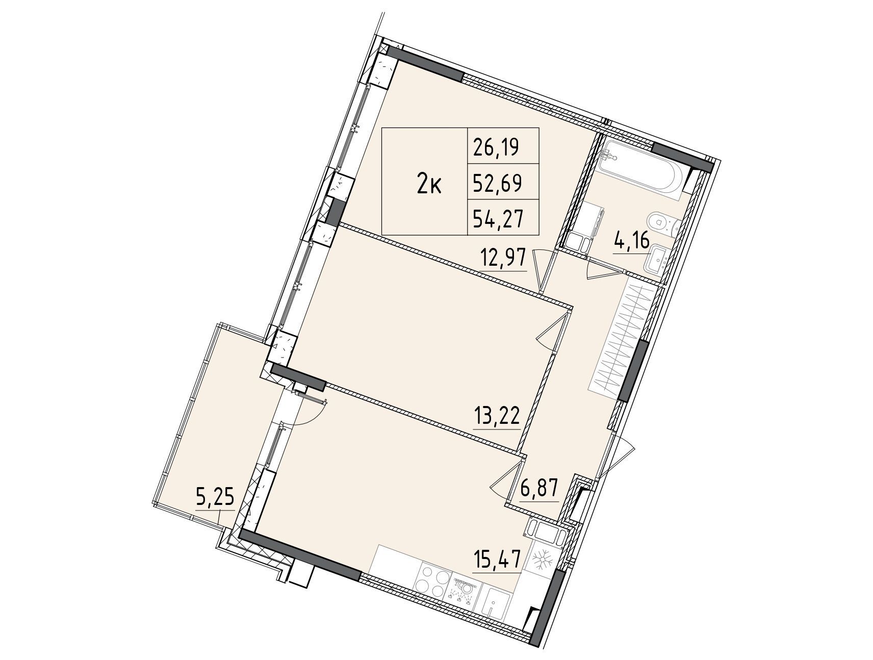 Планировка: 3-комн. квартира 54.27 м² в новостройке Аквилон РекаПарк