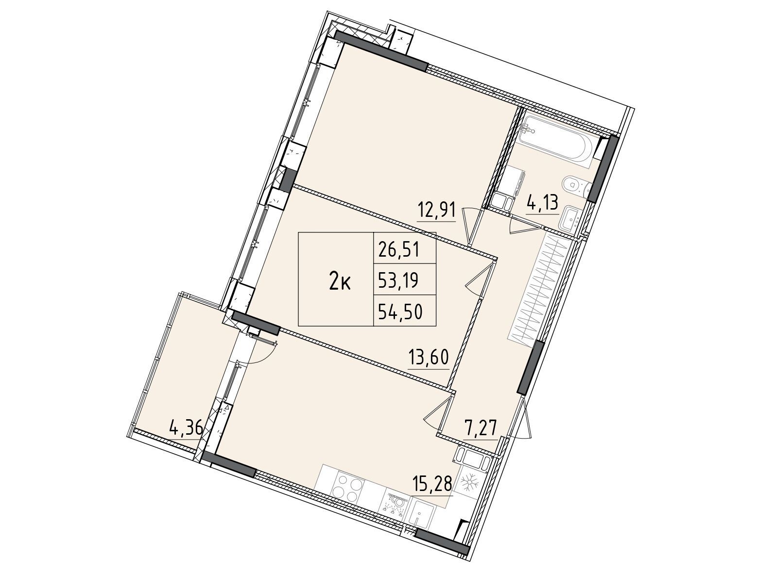 Планировка: 3-комн. квартира 54.50 м² в новостройке Аквилон РекаПарк