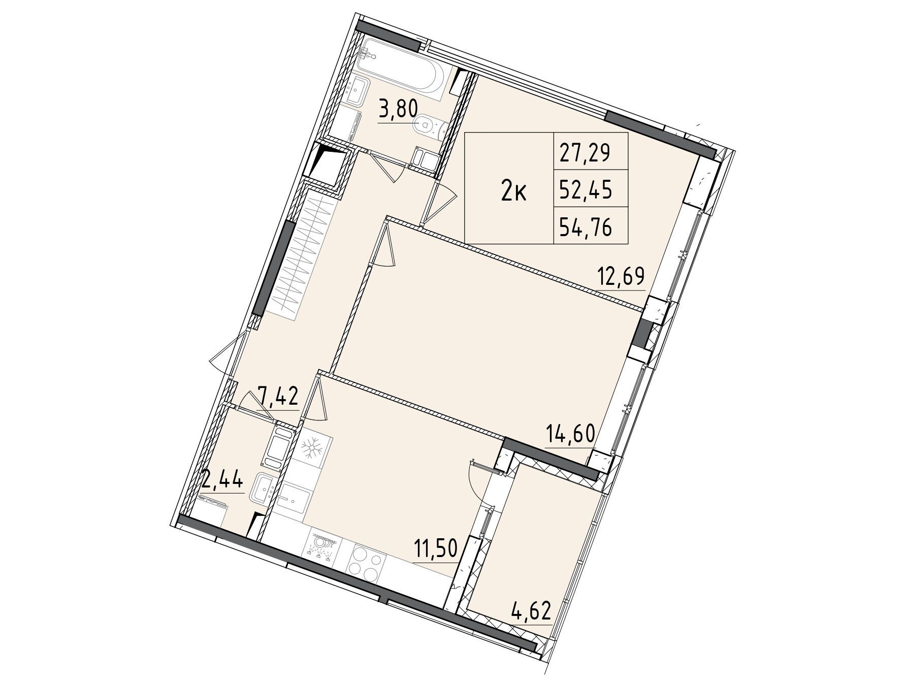 Планировка: 2-комн. квартира 54.76 м² в новостройке Аквилон РекаПарк