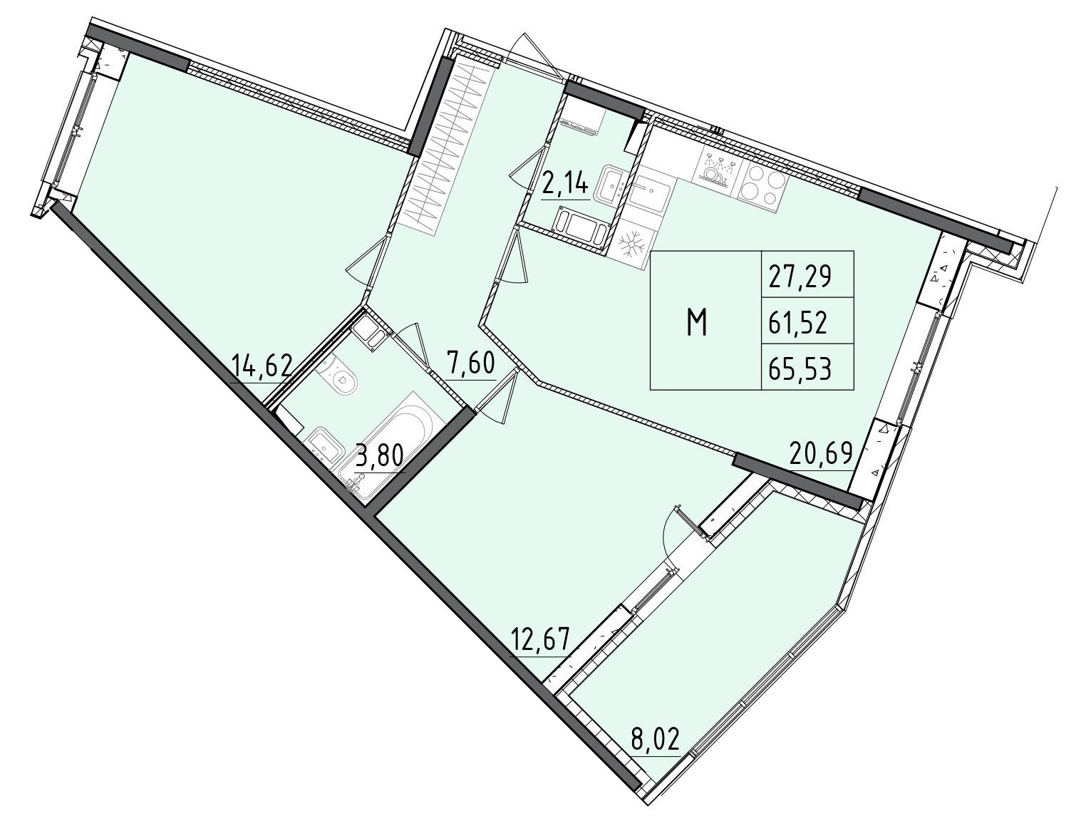 Планировка: 3-комн. квартира 65.53 м² в новостройке Аквилон РекаПарк