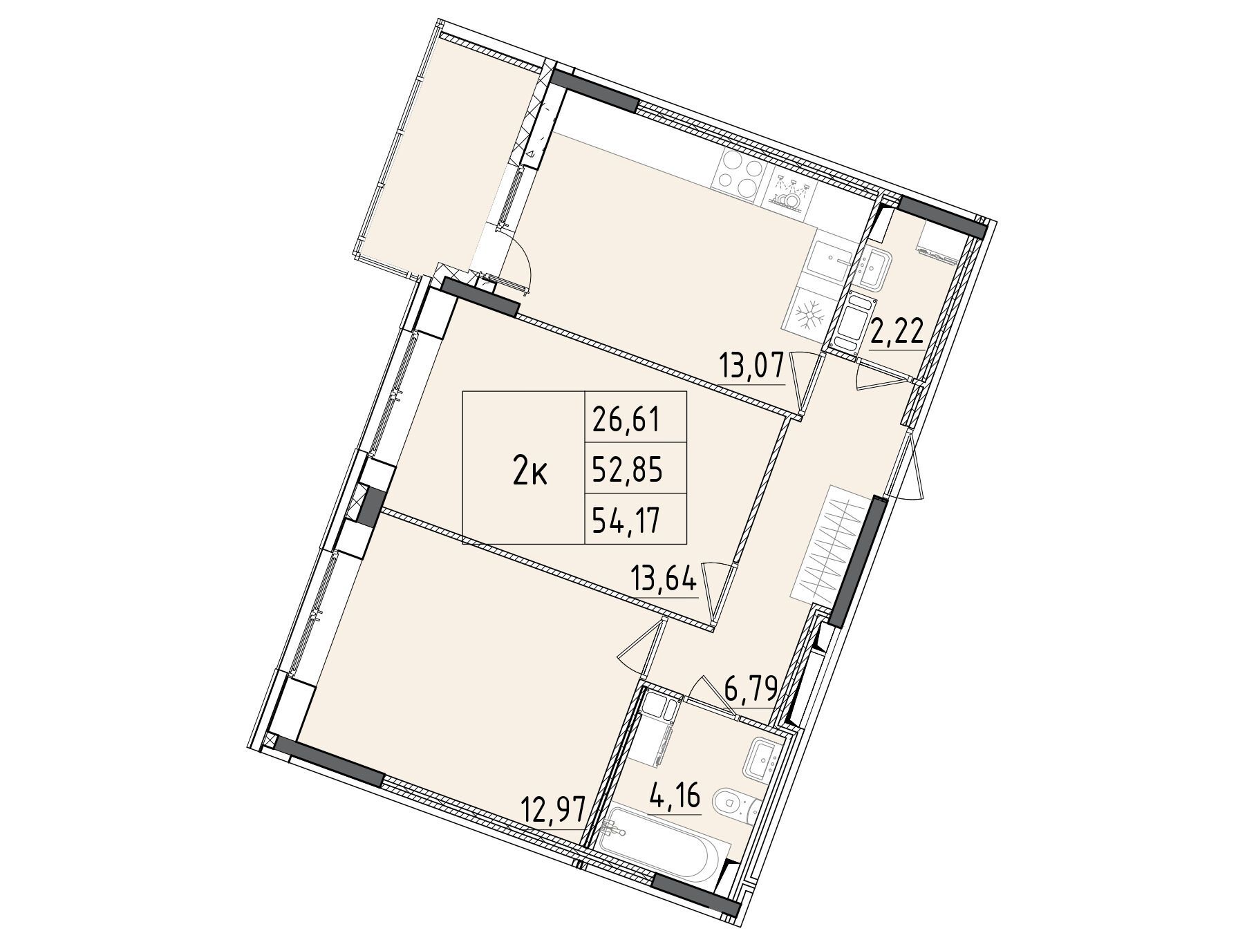 Планировка: 3-комн. квартира 54.17 м² в новостройке Аквилон РекаПарк