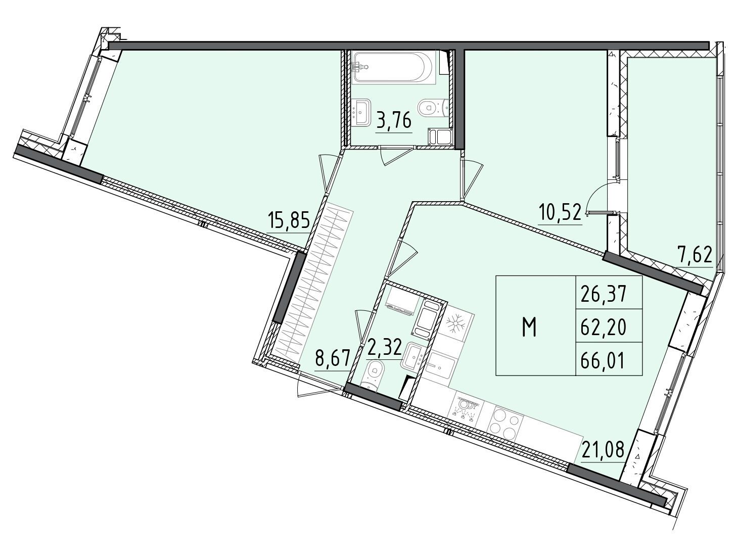 Планировка: 3-комн. квартира 66.01 м² в новостройке Аквилон РекаПарк