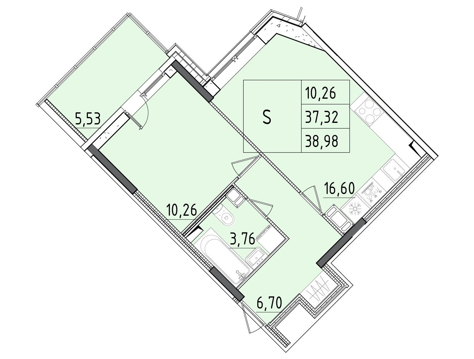Планировка: 2-комн. квартира 38.98 м² в новостройке Аквилон РекаПарк