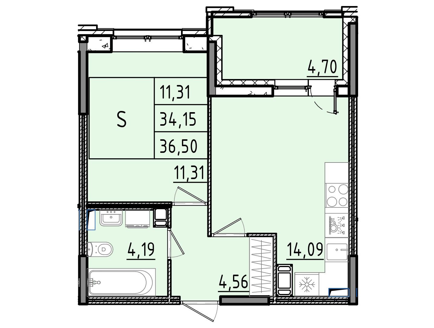 Планировка: 2-комн. квартира 36.50 м² в новостройке Аквилон РекаПарк