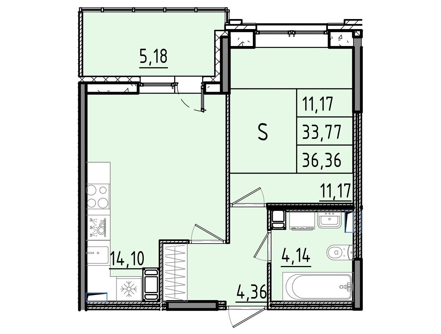 Планировка: 2-комн. квартира 36.36 м² в новостройке Аквилон РекаПарк