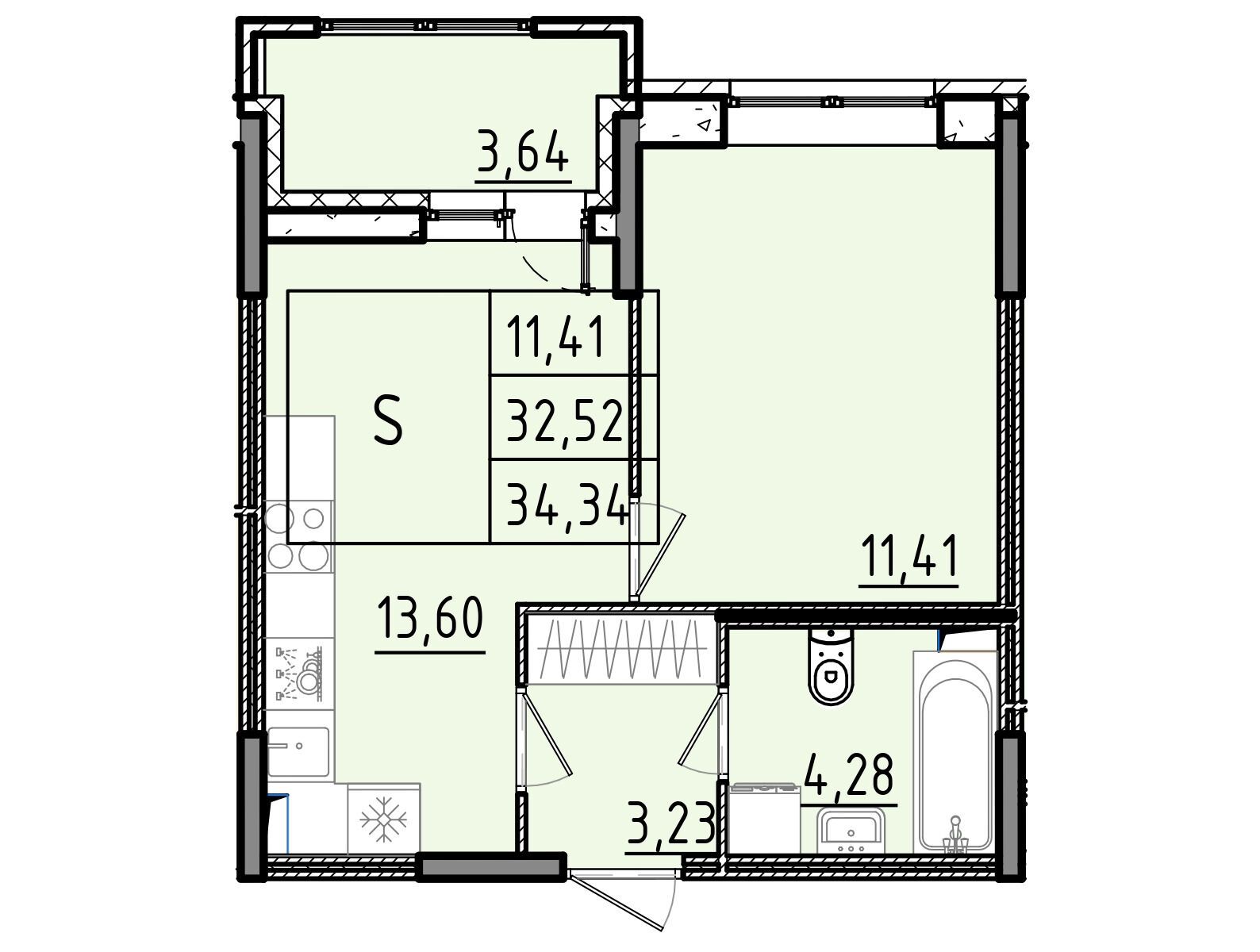 Планировка: 2-комн. квартира 34.34 м² в новостройке Аквилон РекаПарк