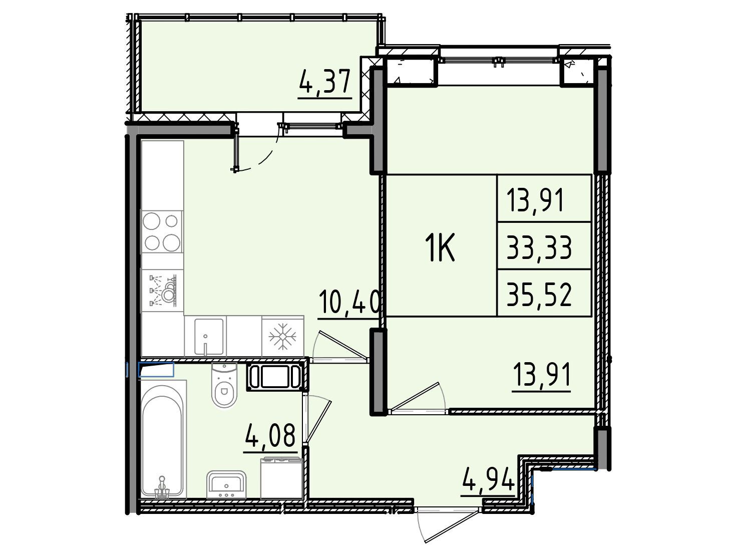 Планировка: 1-комн. квартира 35.52 м² в новостройке Аквилон РекаПарк