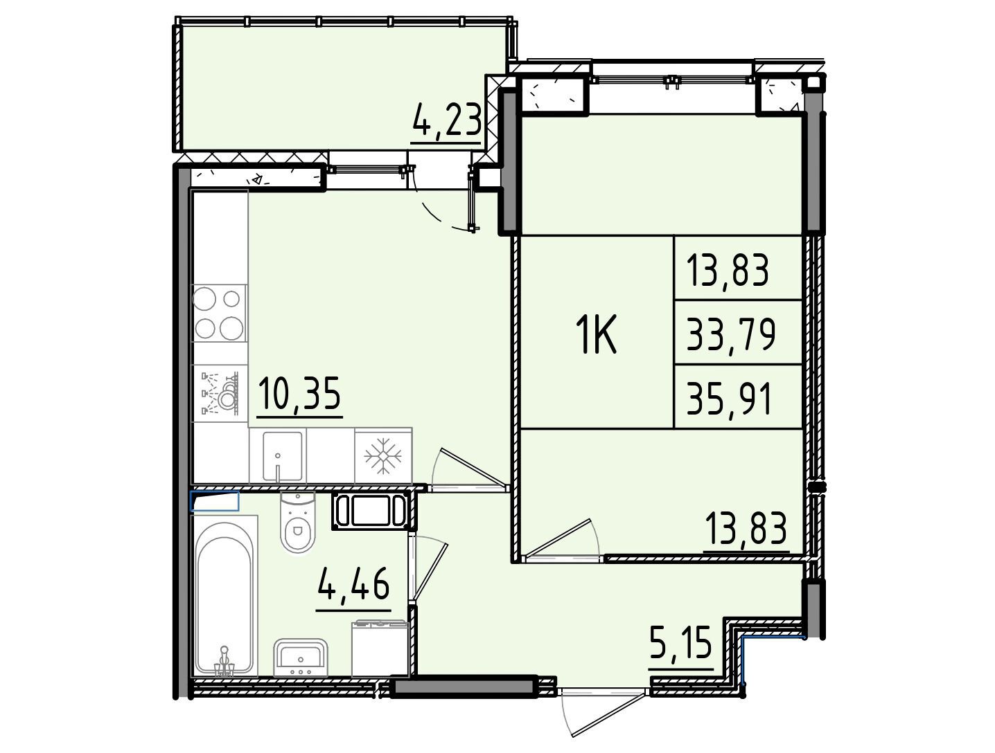 Планировка: 1-комн. квартира 35.91 м² в новостройке Аквилон РекаПарк