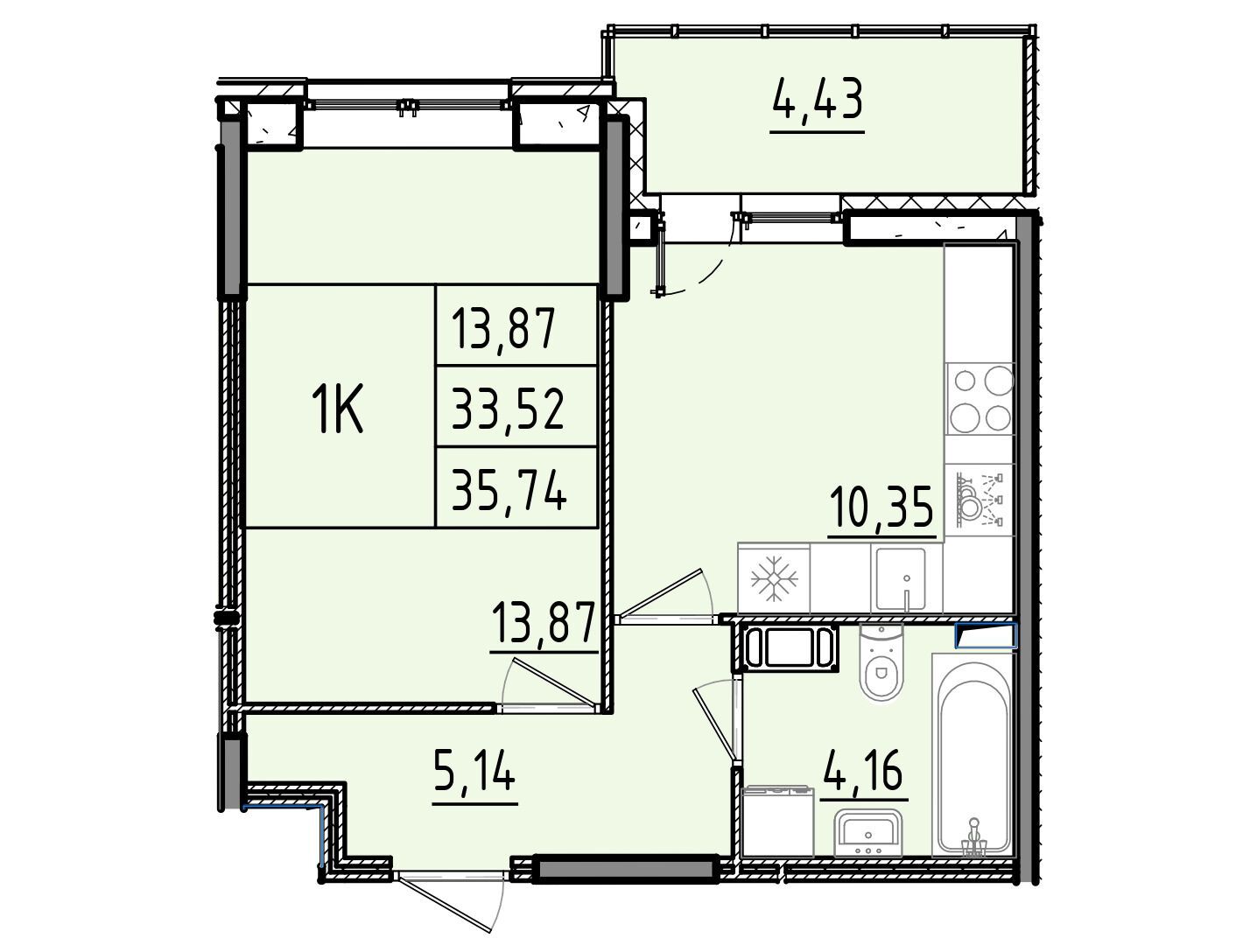 Планировка: 1-комн. квартира 35.74 м² в новостройке Аквилон РекаПарк