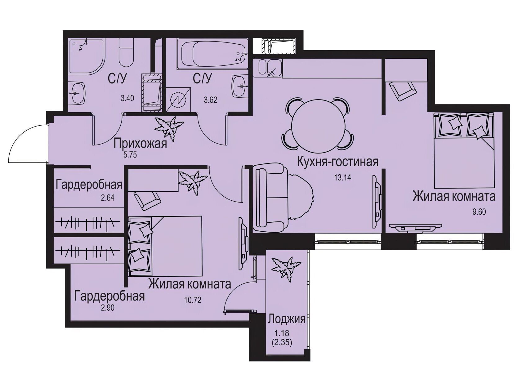 Планировка: 3-комн. квартира 52.95 м² в новостройке Айди Кудрово 2