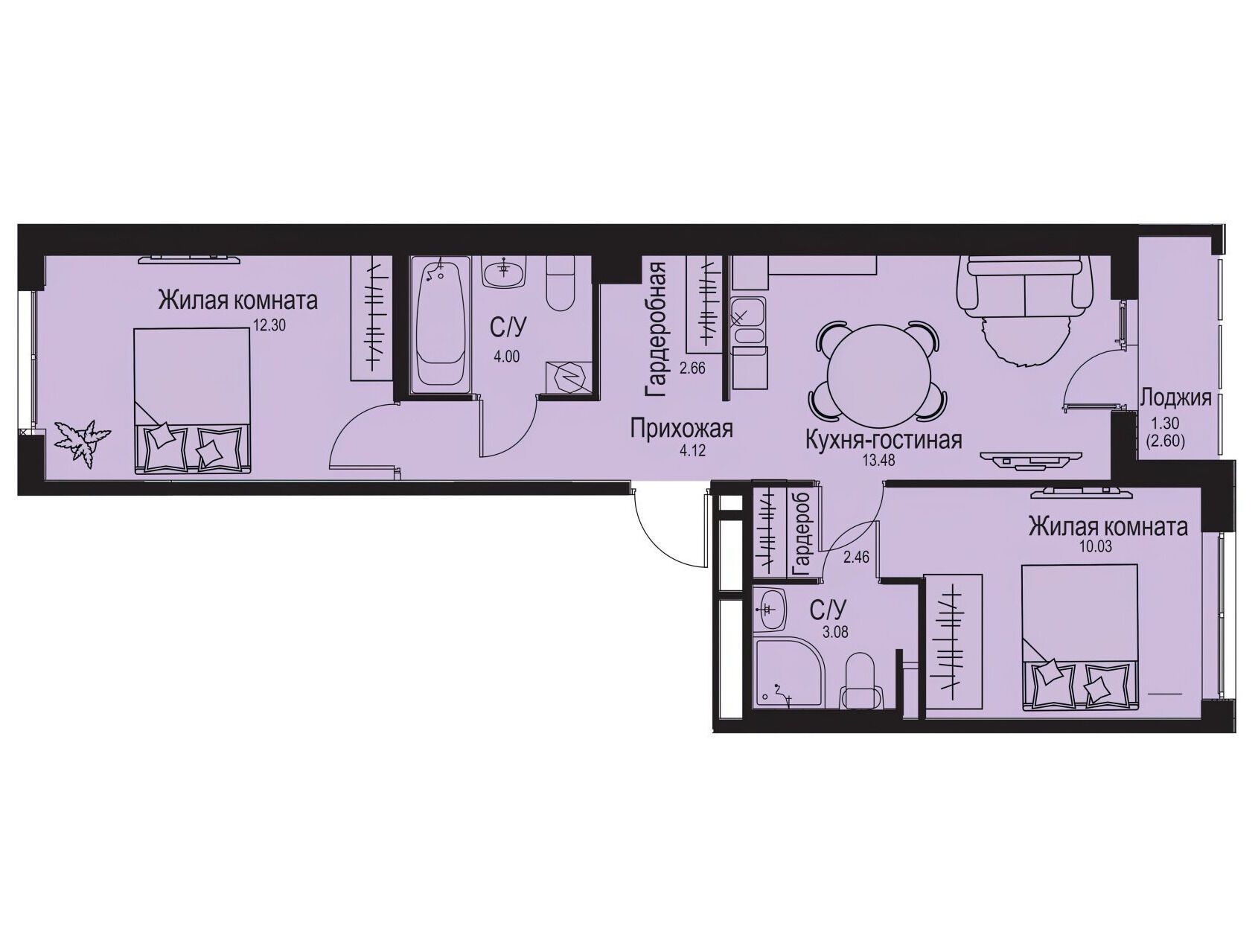 Планировка: 3-комн. квартира 53.43 м² в новостройке Айди Кудрово 2