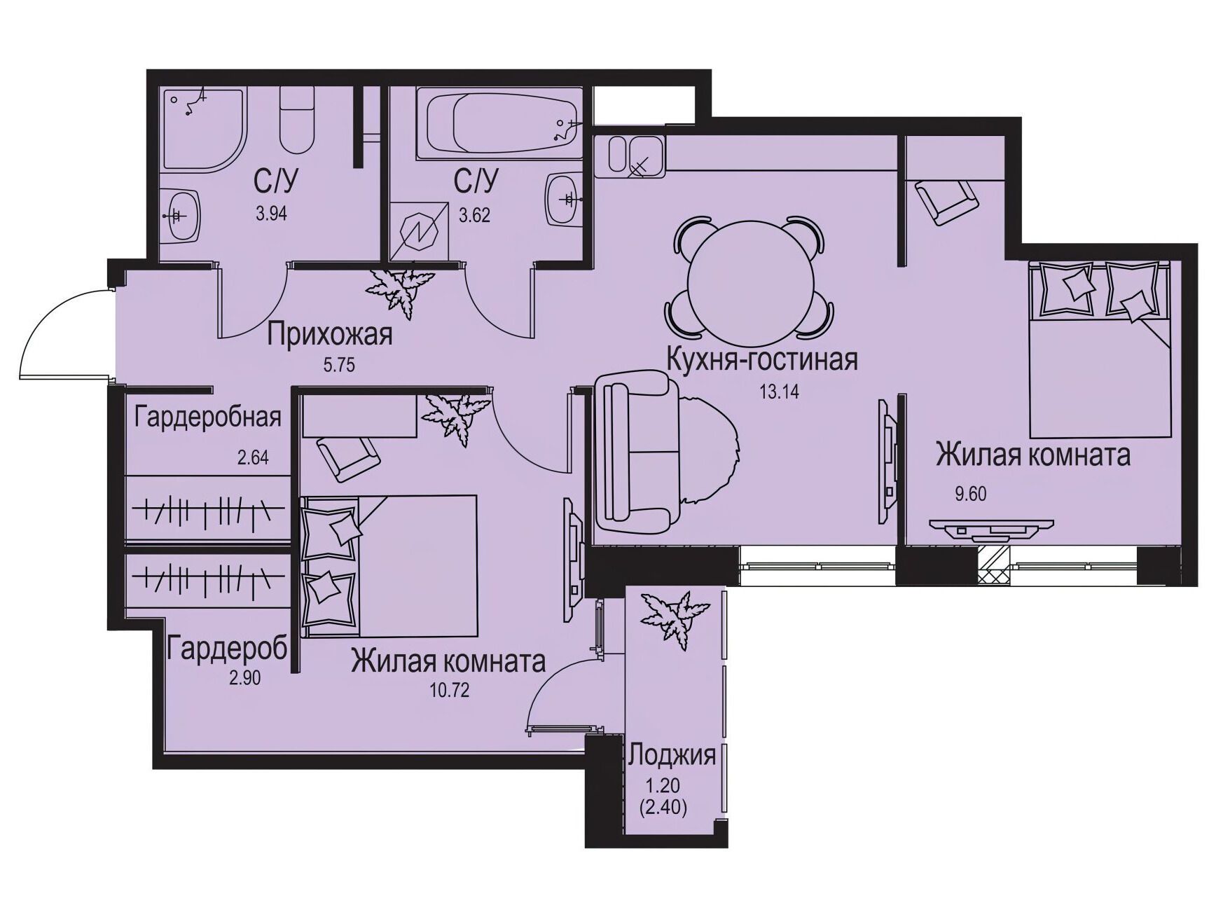 Планировка: 3-комн. квартира 53.51 м² в новостройке Айди Кудрово 2
