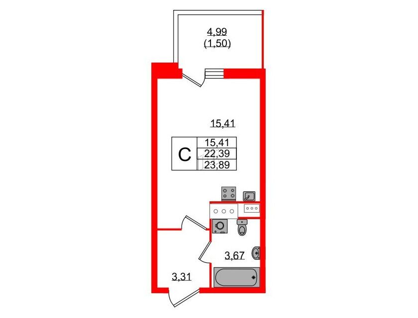 Планировка: Студия 24.00 м² в новостройке Аквилон Сторис