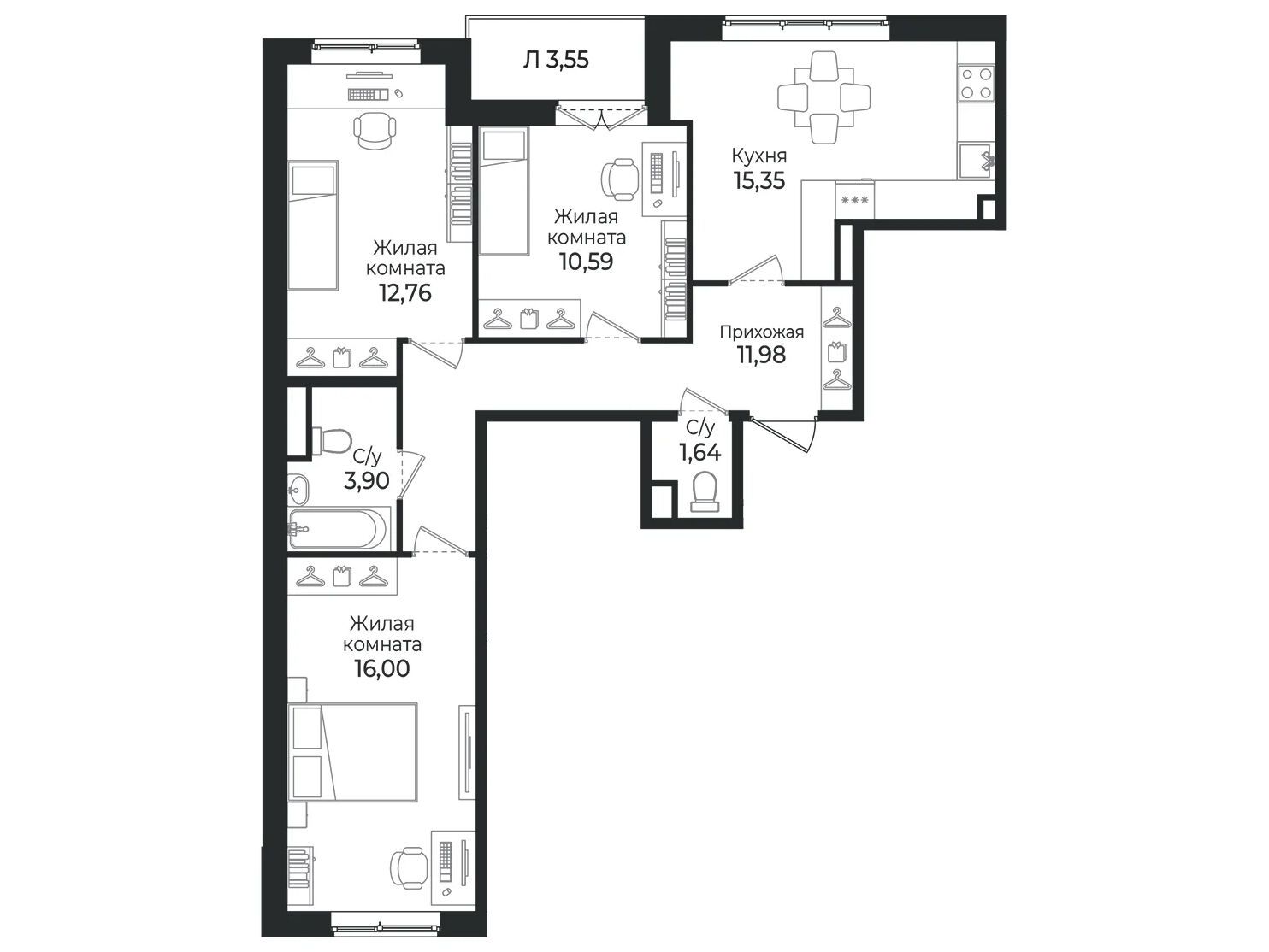 Планировка: 3-комн. квартира 74.00 м² в новостройке Сертолово Парк