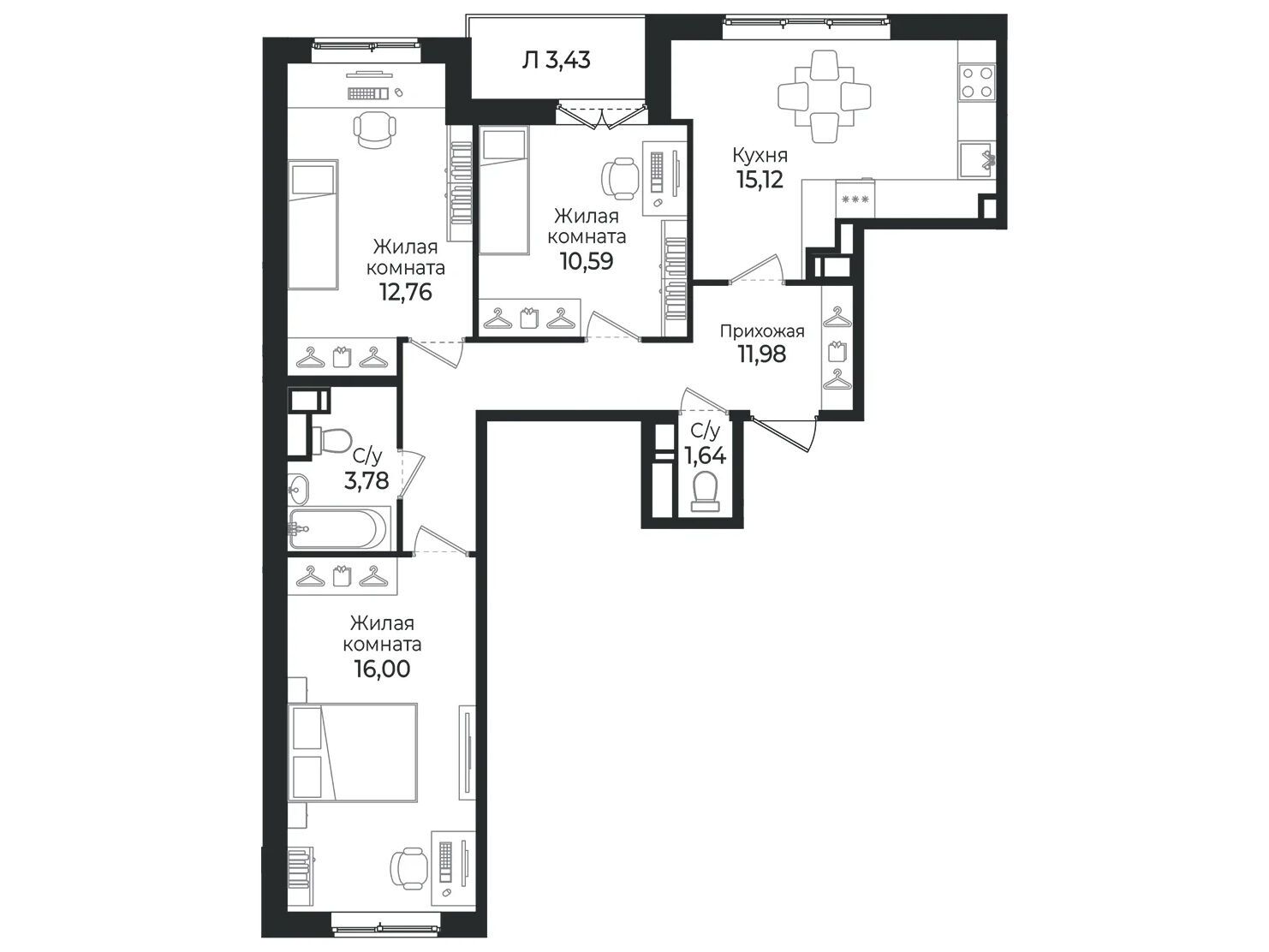 Планировка: 3-комн. квартира 73.23 м² в новостройке Сертолово Парк