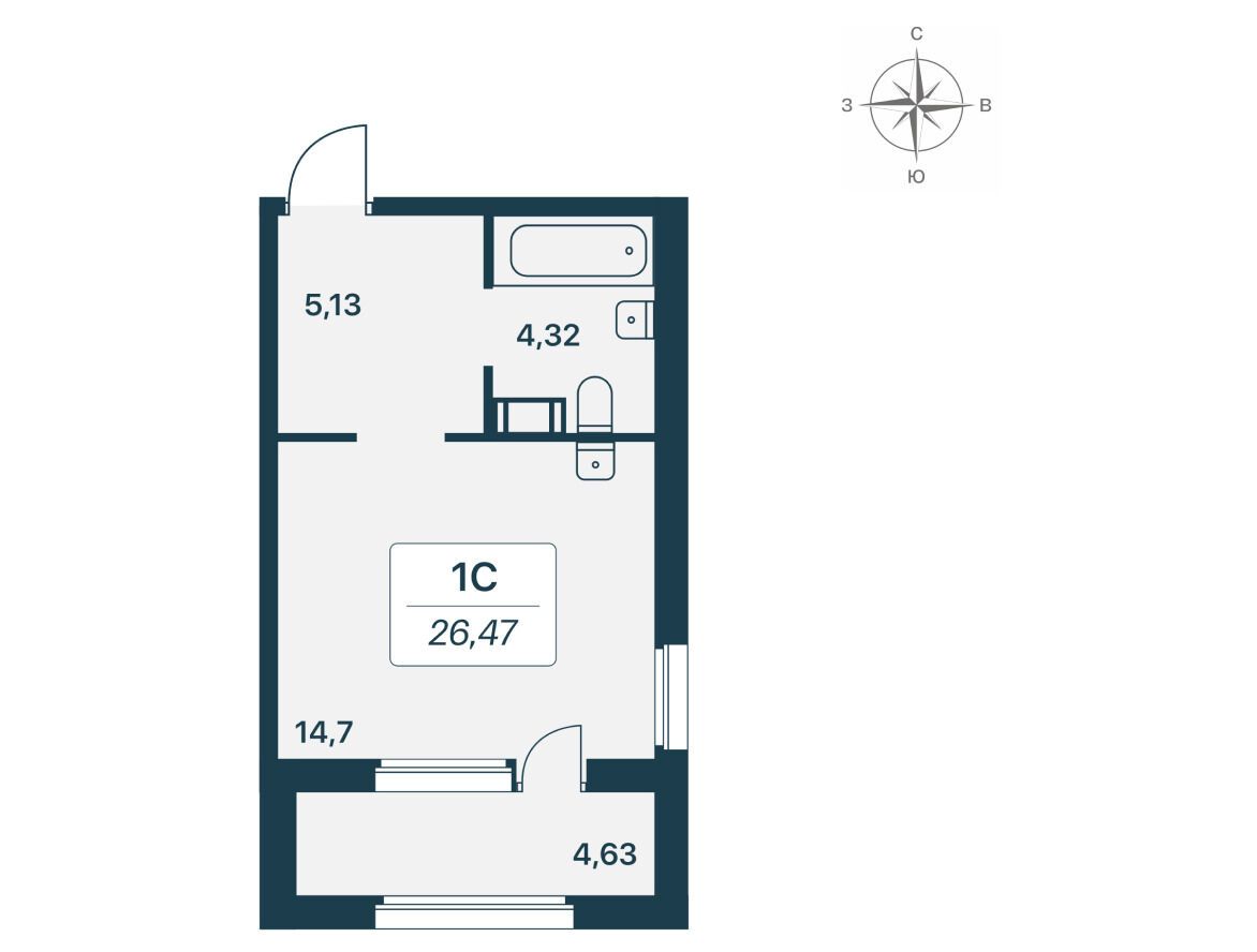 Планировка: Студия 26.50 м² в новостройке Расцветай в Янино
