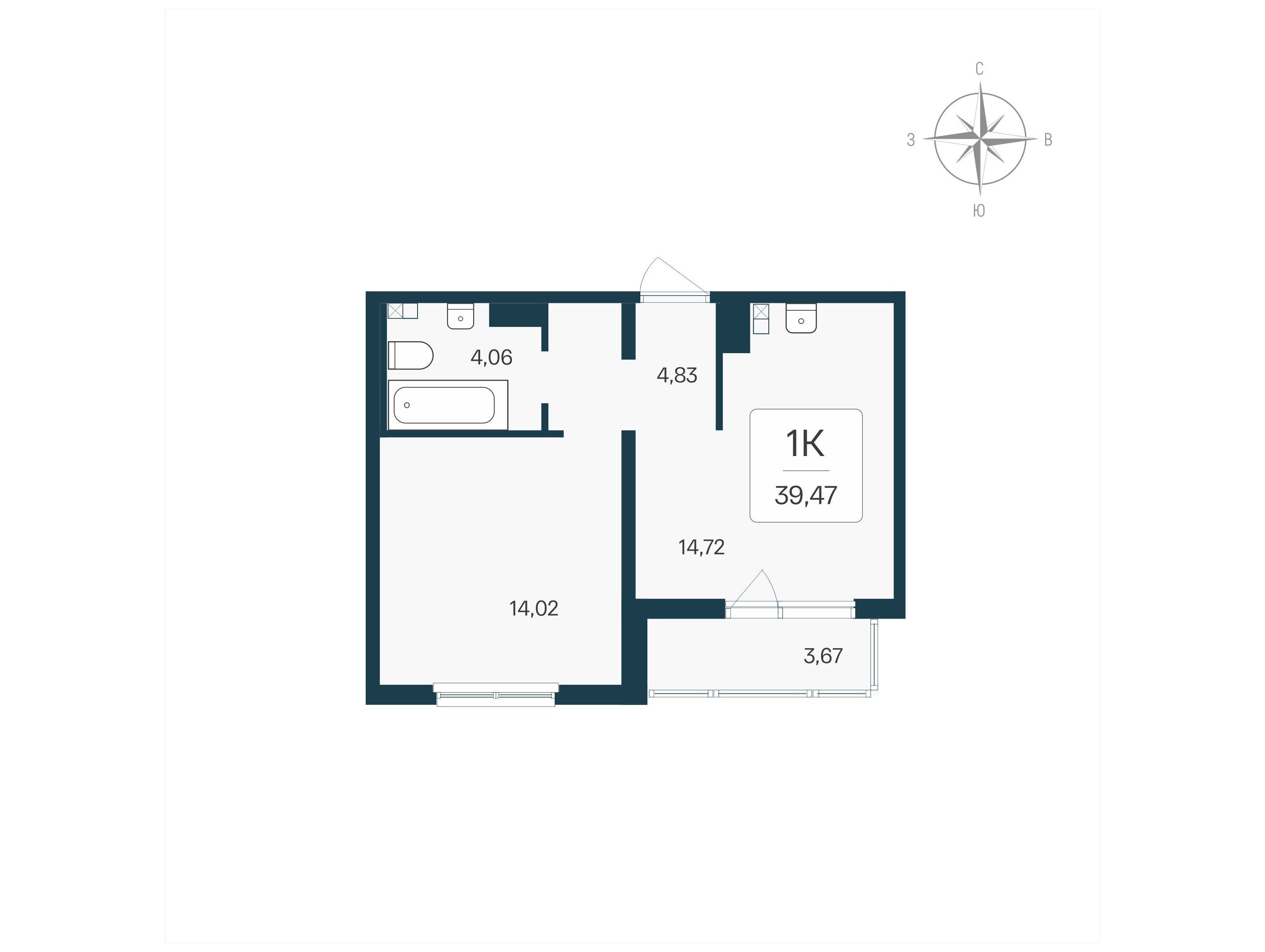 Планировка: 1-комн. квартира 39.47 м² в новостройке Расцветай в Янино
